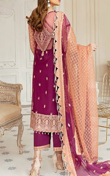 Akbar Aslam Plum Net Suit | Pakistani Embroidered Chiffon Dresses- Image 2