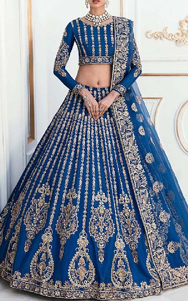 Akbar Aslam Royal Blue Raw Silk Suit | Pakistani Embroidered Chiffon Dresses- Image 1