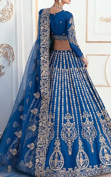 Akbar Aslam Royal Blue Raw Silk Suit | Pakistani Embroidered Chiffon Dresses- Image 2