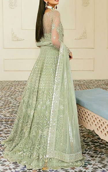 Akbar Aslam Pistachio Green Net Suit | Pakistani Embroidered Chiffon Dresses- Image 2