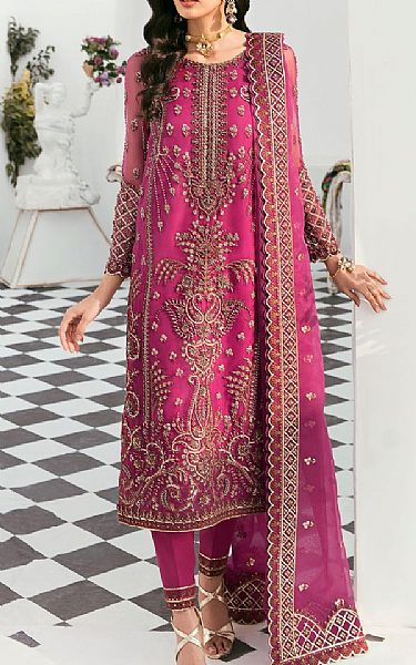 Akbar Aslam Hot Pink Organza Suit | Pakistani Embroidered Chiffon Dresses- Image 1