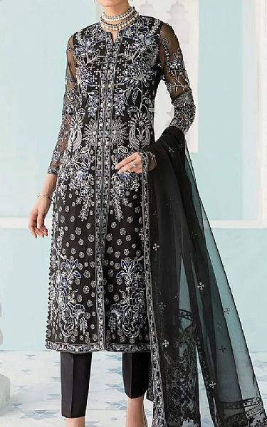 Akbar Aslam Black Organza Suit | Pakistani Embroidered Chiffon Dresses-Image 1