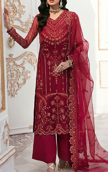 Akbar Aslam Scarlet Organza Suit | Pakistani Embroidered Chiffon Dresses- Image 1