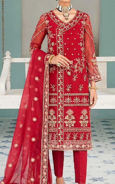 Akbar Aslam Scarlet Organza Suit | Pakistani Embroidered Chiffon Dresses USA- Image 1