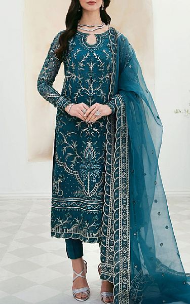 Akbar Aslam Teal Blue Organza Suit | Pakistani Embroidered Chiffon Dresses- Image 1