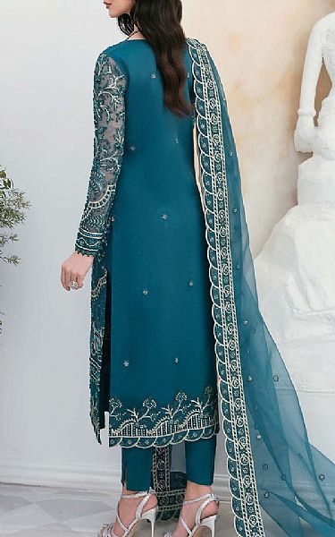 Akbar Aslam Teal Blue Organza Suit | Pakistani Embroidered Chiffon Dresses- Image 2