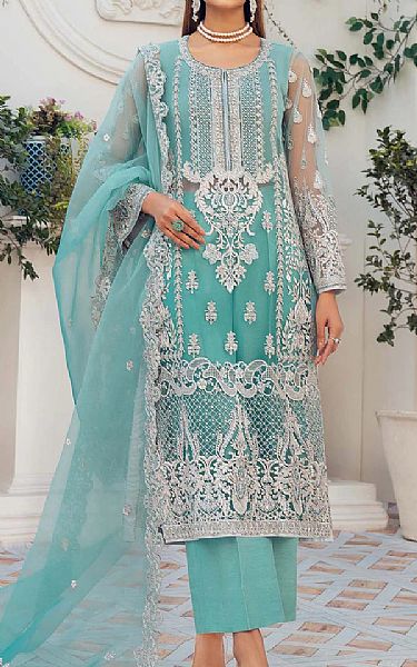 Light Turquoise Net Suit | Akbar Aslam Pakistani Chiffon Dresses