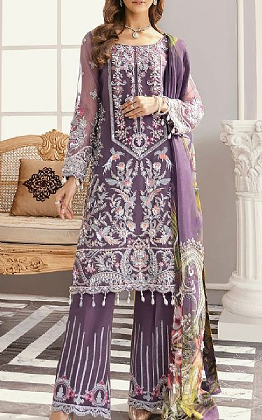 Akbar Aslam Royal Purple Organza Suit | Pakistani Embroidered Chiffon Dresses- Image 1
