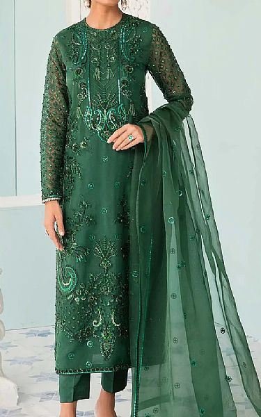 Akbar Aslam Green Organza Suit | Pakistani Embroidered Chiffon Dresses- Image 1