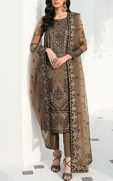 Akbar Aslam Beaver Brown Organza Suit | Pakistani Embroidered Chiffon Dresses- Image 1