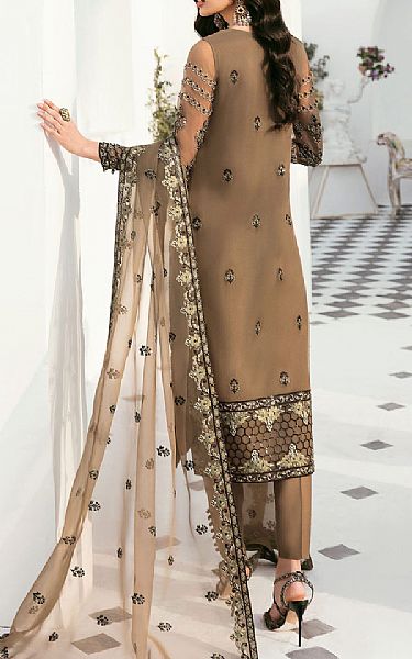 Akbar Aslam Beaver Brown Organza Suit | Pakistani Embroidered Chiffon Dresses- Image 2