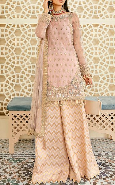 Akbar Aslam Peach/Ivory Net Suit | Pakistani Embroidered Chiffon Dresses- Image 1