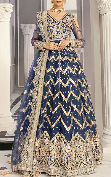 Akbar Aslam Navy Blue Net Suit | Pakistani Embroidered Chiffon Dresses- Image 1