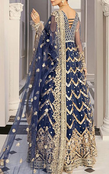 Akbar Aslam Navy Blue Net Suit | Pakistani Embroidered Chiffon Dresses- Image 2