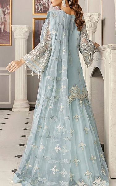 Akbar Aslam Baby Blue Net Suit | Pakistani Embroidered Chiffon Dresses- Image 2