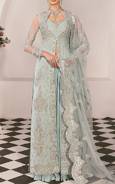 Akbar Aslam Baby Blue Organza Suit | Pakistani Embroidered Chiffon Dresses- Image 1