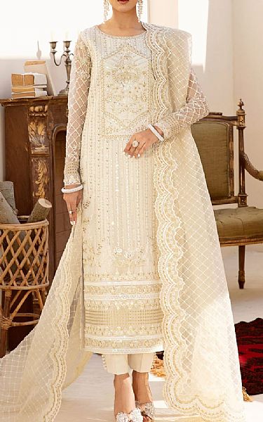 Akbar Aslam Off White Organza Suit | Pakistani Embroidered Chiffon Dresses- Image 1
