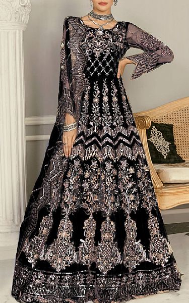 Akbar Aslam Black Net Suit | Pakistani Embroidered Chiffon Dresses- Image 1