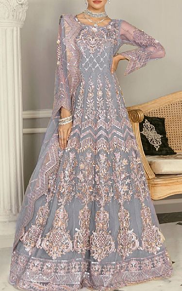 Akbar Aslam Navy Blue Net Suit | Pakistani Embroidered Chiffon Dresses- Image 1