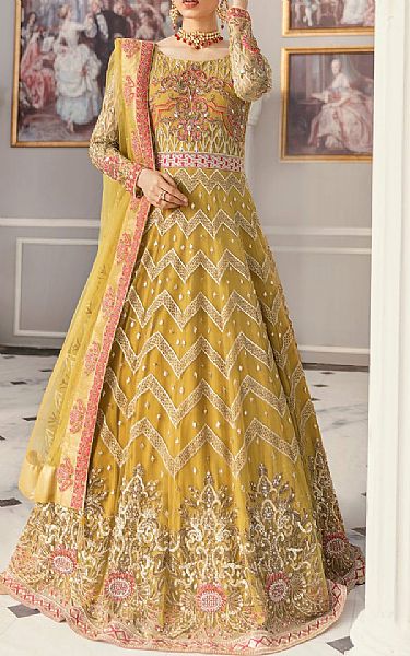 Akbar Aslam Saffron Yellow Net Suit | Pakistani Embroidered Chiffon Dresses- Image 1