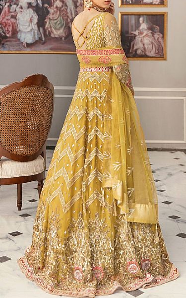 Akbar Aslam Saffron Yellow Net Suit | Pakistani Embroidered Chiffon Dresses- Image 2