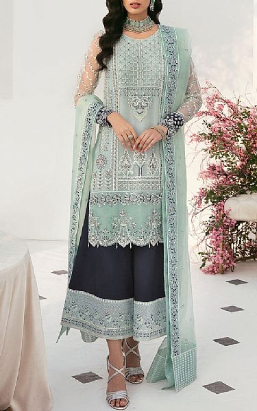 Akbar Aslam Light Turquoise Organza Suit | Pakistani Embroidered Chiffon Dresses- Image 1
