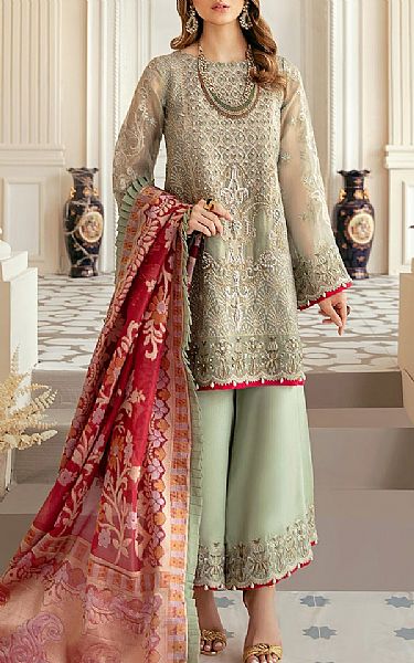 Akbar Aslam Pistachio Mesoori Suit | Pakistani Embroidered Chiffon Dresses- Image 1