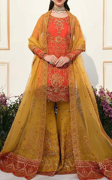 Akbar Aslam Orange/Olive Organza Suit | Pakistani Embroidered Chiffon Dresses- Image 1