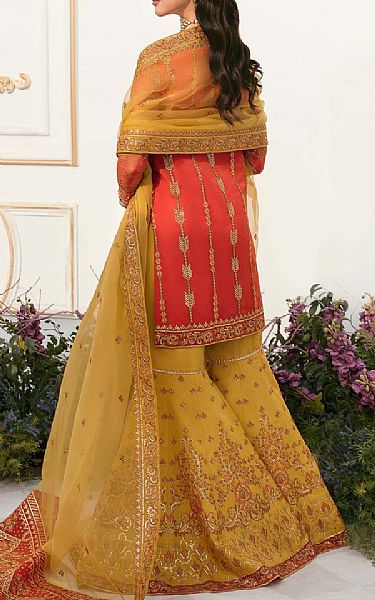 Akbar Aslam Orange/Olive Organza Suit | Pakistani Embroidered Chiffon Dresses- Image 2