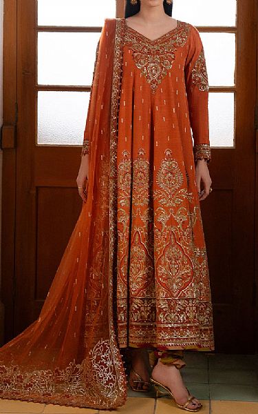 Ayzel Bright Orange Raw Silk Suit | Pakistani Embroidered Chiffon Dresses USA- Image 1