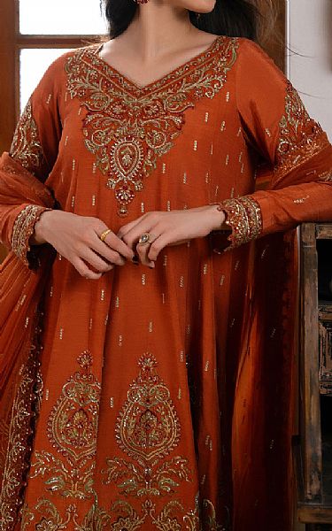 Ayzel Bright Orange Raw Silk Suit | Pakistani Embroidered Chiffon Dresses USA- Image 3
