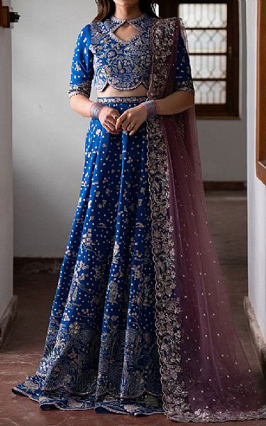 Ayzel Royal Blue Raw Silk Suit | Pakistani Embroidered Chiffon Dresses USA- Image 1