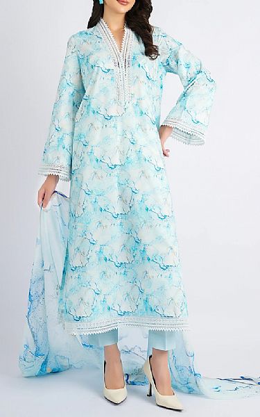 Bareeze Blue/Off White Cambric Suit | Pakistani Winter Dresses in USA- Image 1