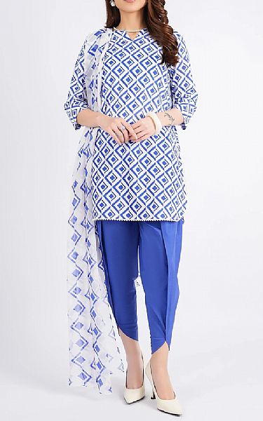 Bareeze Blue/Off White Cambric Suit | Pakistani Winter Dresses in USA- Image 1