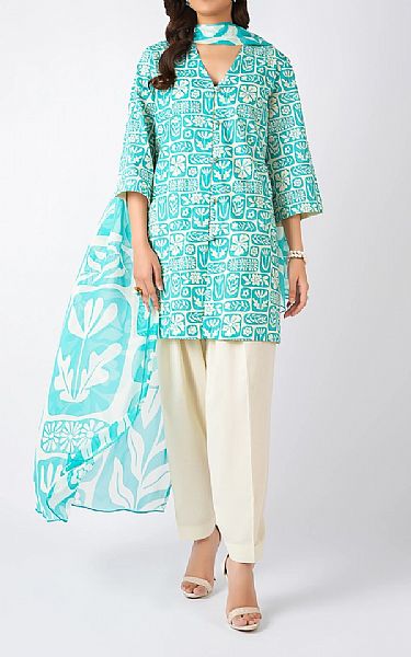 Bareeze Aqua/Off White Cambric Suit | Pakistani Winter Dresses in USA- Image 1