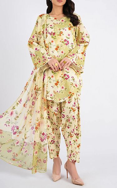 Bareeze Off White/Pale Olive Cambric Suit | Pakistani Winter Dresses in USA- Image 1