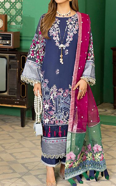 Rungrez Royal Blue Organza Suit | Pakistani Embroidered Chiffon Dresses- Image 1