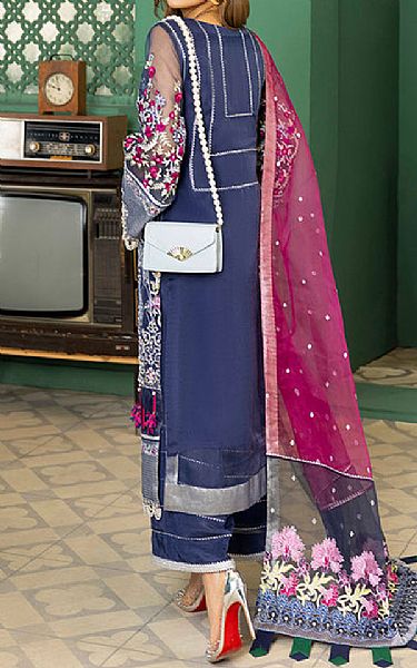 Rungrez Royal Blue Organza Suit | Pakistani Embroidered Chiffon Dresses- Image 2