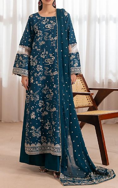 Xenia Prussian Blue Raw Silk Suit | Pakistani Embroidered Chiffon Dresses USA- Image 1