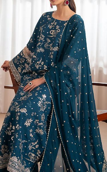 Xenia Prussian Blue Raw Silk Suit | Pakistani Embroidered Chiffon Dresses USA- Image 2