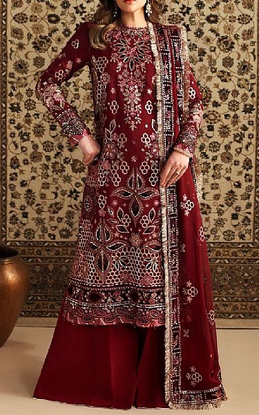 Xenia Maroon Raw Silk Suit | Pakistani Embroidered Chiffon Dresses USA- Image 1