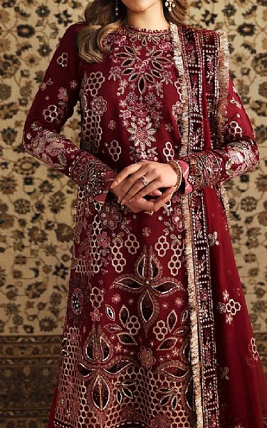 Xenia Maroon Raw Silk Suit | Pakistani Embroidered Chiffon Dresses USA- Image 3