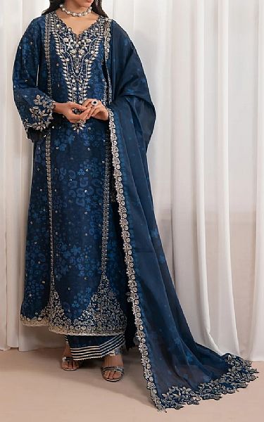 Xenia Blue Zodiac Raw Silk Suit | Pakistani Embroidered Chiffon Dresses USA- Image 1