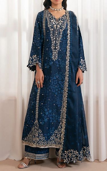 Xenia Blue Zodiac Raw Silk Suit | Pakistani Embroidered Chiffon Dresses USA- Image 3