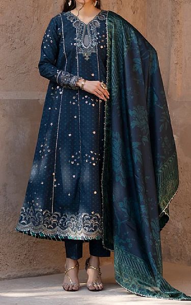 Xenia Navy Blue Raw Silk Suit | Pakistani Embroidered Chiffon Dresses USA- Image 1