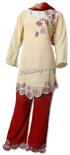  Cream/maroon Georgette Trouser Suit | Pakistani Dresses in USA- Image 1