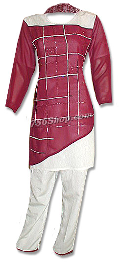  Maroon/White Chiffon Trouser Suit | Pakistani Dresses in USA- Image 1