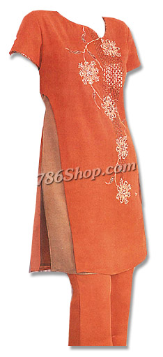  Rust Orange Chiffon Trouser Suit | Pakistani Dresses in USA- Image 1