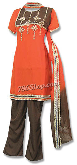  Orange/Brown Chiffon Trouser Suit | Pakistani Dresses in USA- Image 1