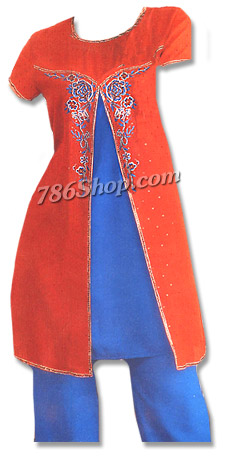  Red/Blue Chiffon Trouser Suit | Pakistani Dresses in USA- Image 1